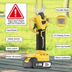Goldoma cordless pruning shears cutting a thick branch in a garden