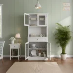 Modern White Wooden Tall Kitchen Hutch Sideboards Cabinet with Glass Doors Drawer Open Appliance Counter Coffee Bar Cabinet