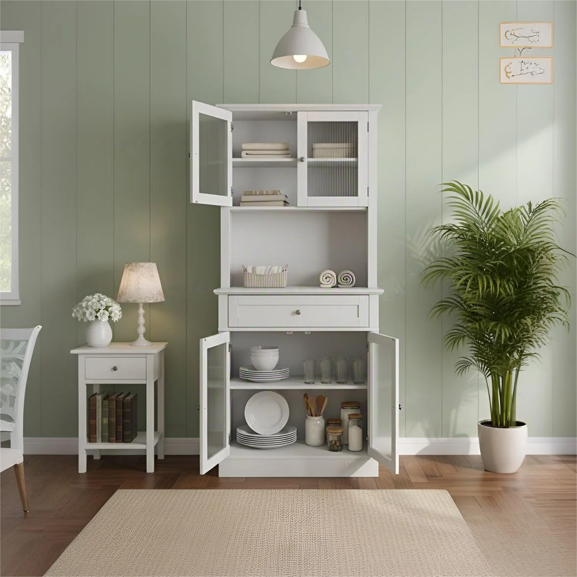Modern White Wooden Tall Kitchen Hutch Sideboards Cabinet with Glass Doors Drawer Open Appliance Counter Coffee Bar Cabinet