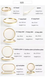 Nordic Style Gold Inlay Bright White Porcelain Dinner Sets Ceramic Bowl Dish Plates Set Porcelain Dinnerware For Household