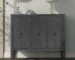 Entryway storage console with adjustable shelves and retro metal handles in a modern living room