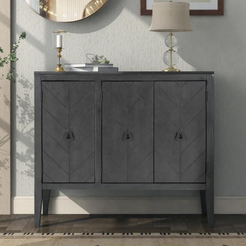 Entryway storage console with adjustable shelves and retro metal handles in a modern living room