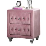 Pink velvet nightstand with two drawers and crystal knobs - modern luxury bedside table for bedroom