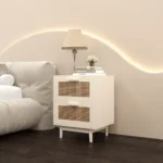 Modern bedside nightstand with charging station in white and natural finish, featuring two drawers and solid wooden legs