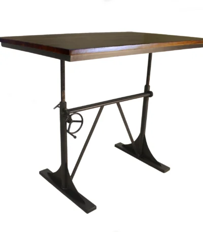 Goldoma 48 inch solid wood and iron trestle dining table with brown top and black base in a dining room setting