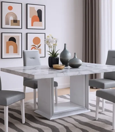 79-inch light gray marble and white wood pedestal dining table with elegant two-tone finish