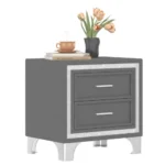 Modern velvet nightstand with silver glitter strip decor and two drawers, placed beside a bed in a bedroom