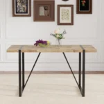 Minimalist rectangular dining table with textured MDF wood top and black metal legs
