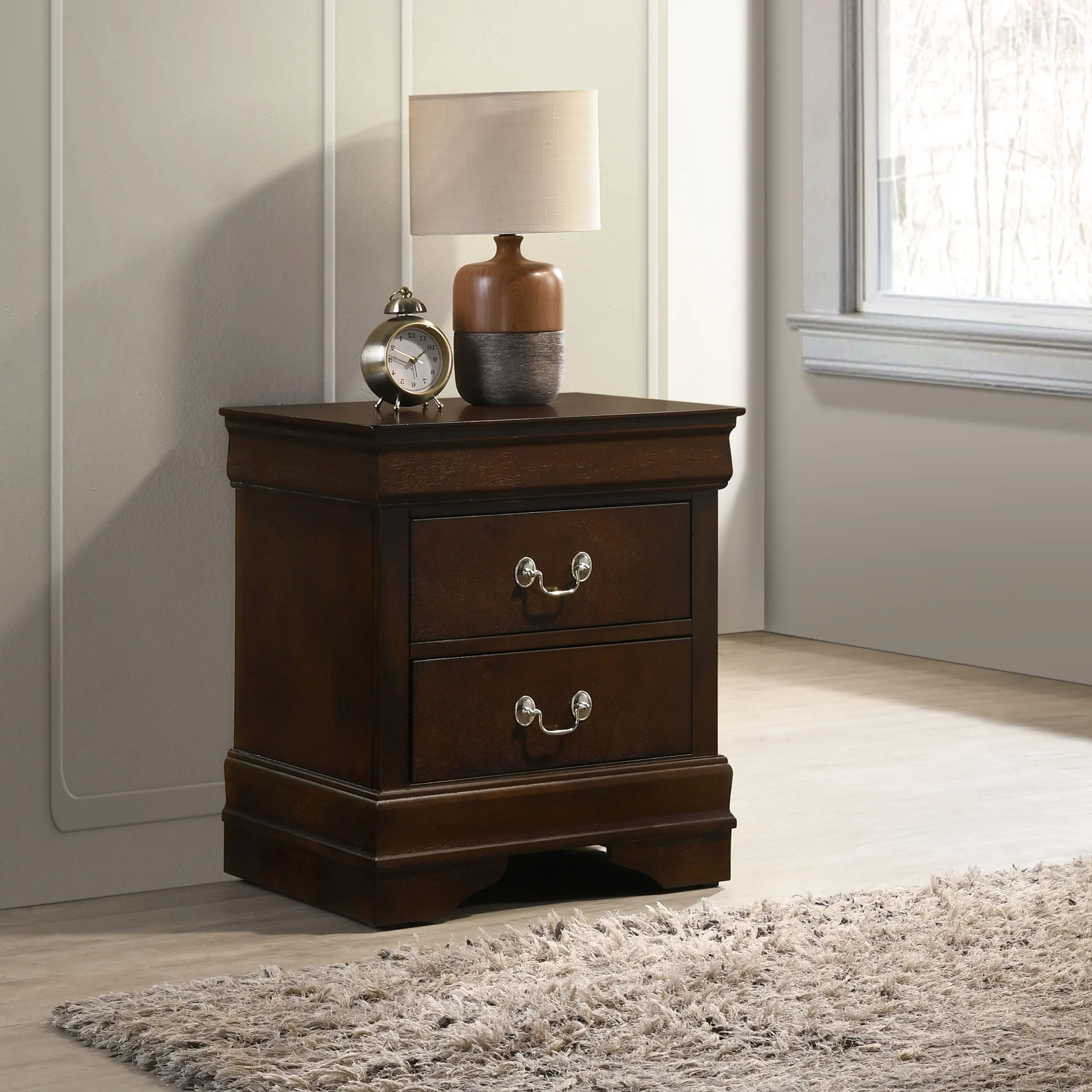 Cappuccino nightstand 2 drawer with warm wood finish and bail handles