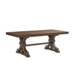 Oak dining table for 6-8, mid-century modern rectangular design with trestle pedestal base in a dining room