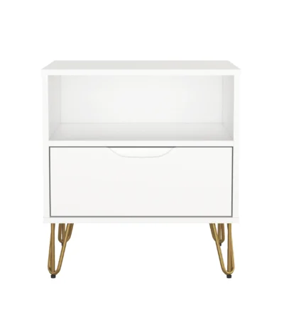 White nightstand with gold legs featuring a drawer and open shelf on glossy finish