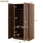 Scandinavian 2-door solid wood wardrobe with shelves and drawers in brown finish