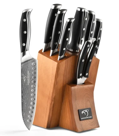 9 Pieces Damascus Knife Set Kitchen Knife Set with Wooden Block and Non-slip ABS Handle