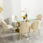 Modern glass dining table with stainless steel legs and clear tempered glass top