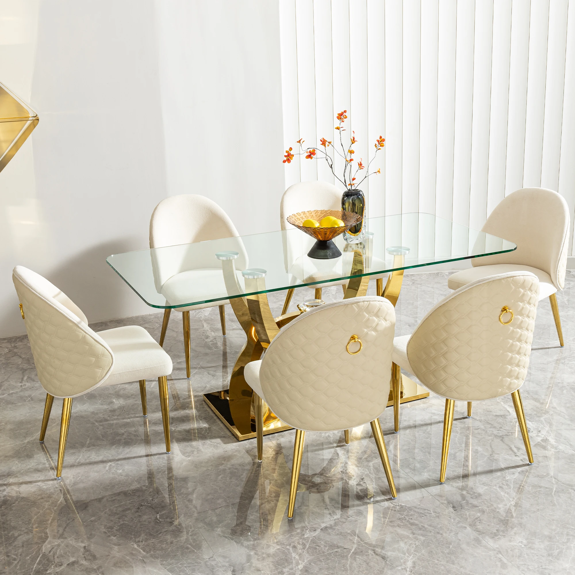 H9482c9e164464e5f94ce76c0b7011887w.webp Modern glass dining table with stainless steel legs and clear tempered glass top