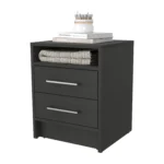 Modern black melamine nightstand with two drawers and shelf beside a bed in a bedroom