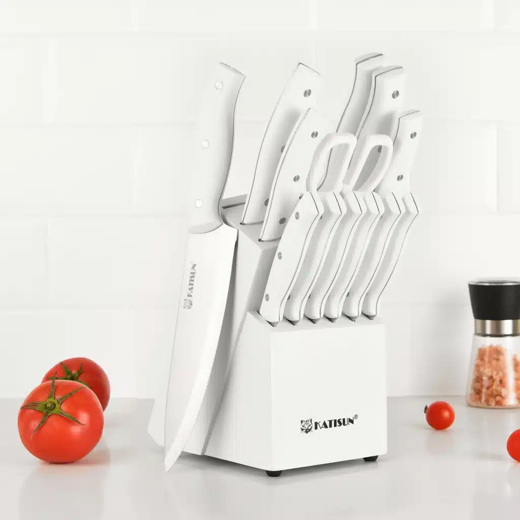 15-Piece White Kitchen Knife Set with Built-in Sharpening Stone, Ergonomic Triple Rivet Fixed ABS Handle, Dishwasher Safe
