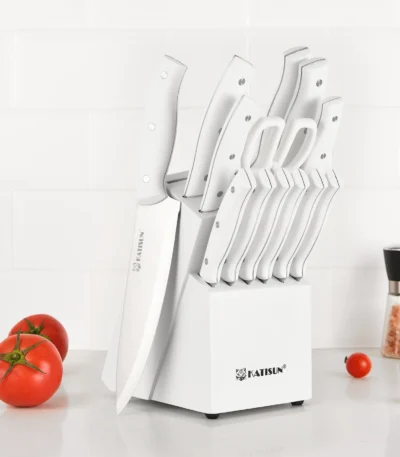 15-Piece White Kitchen Knife Set with Built-in Sharpening Stone, Ergonomic Triple Rivet Fixed ABS Handle, Dishwasher Safe