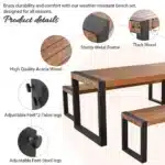 3-Piece Modern Outdoor Dining Set Acacia Wood Table with 2 Benches Steel Frame for Home & Hotel Use – close-up detail