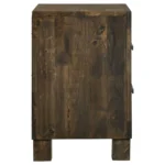 Rustic golden brown 2-drawer nightstand with metal lamp and books on top for bedroom storage