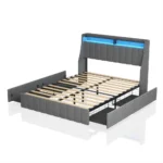 Queen bed frame with LED lighting from Goldoma featuring wings headboard, storage drawers, and linen upholstery