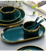 Green With Gold Inlay Quality Plates Full Set Luxury Steak Food Tray Ceramic Dinner Dish Salad Bowl Spoon Porcelain