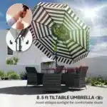 Black patio umbrella with tilt mechanism in outdoor setting