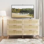 Modern European rattan dresser with six drawers and solid oak handles in a bedroom