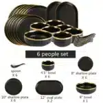 Gilt Rim Black Porcelain Dinner Plates Kitchen Dishes Ceramics Tableware Food Tray Rice Salad Noodles Bowl Cutlery Set – top