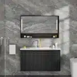 30 Inch Bathroom Vanity Cabinet With Ceramic Sink - Black Wall Mounted Floating Fluted Vanity With Drawers, Modern