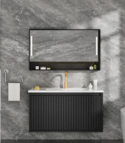 30 Inch Bathroom Vanity Cabinet With Ceramic Sink - Black Wall Mounted Floating Fluted Vanity With Drawers, Modern