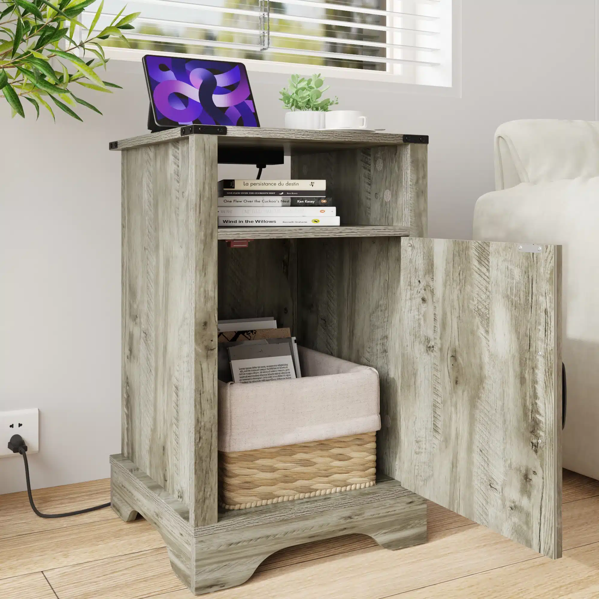 Farmhouse Nightstand with USB Charging Station - Rustic Wooden Bedside Table