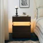 LED nightstand with drawers in walnut finish featuring acrylic board lighting for bedroom
