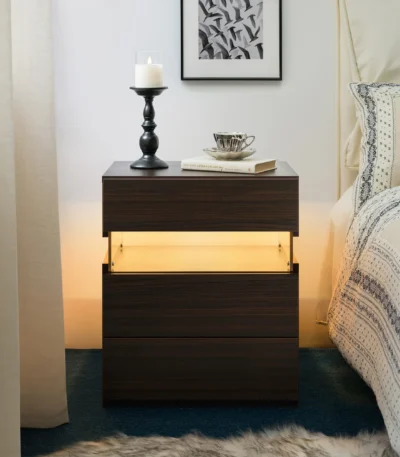 LED nightstand with drawers in walnut finish featuring acrylic board lighting for bedroom