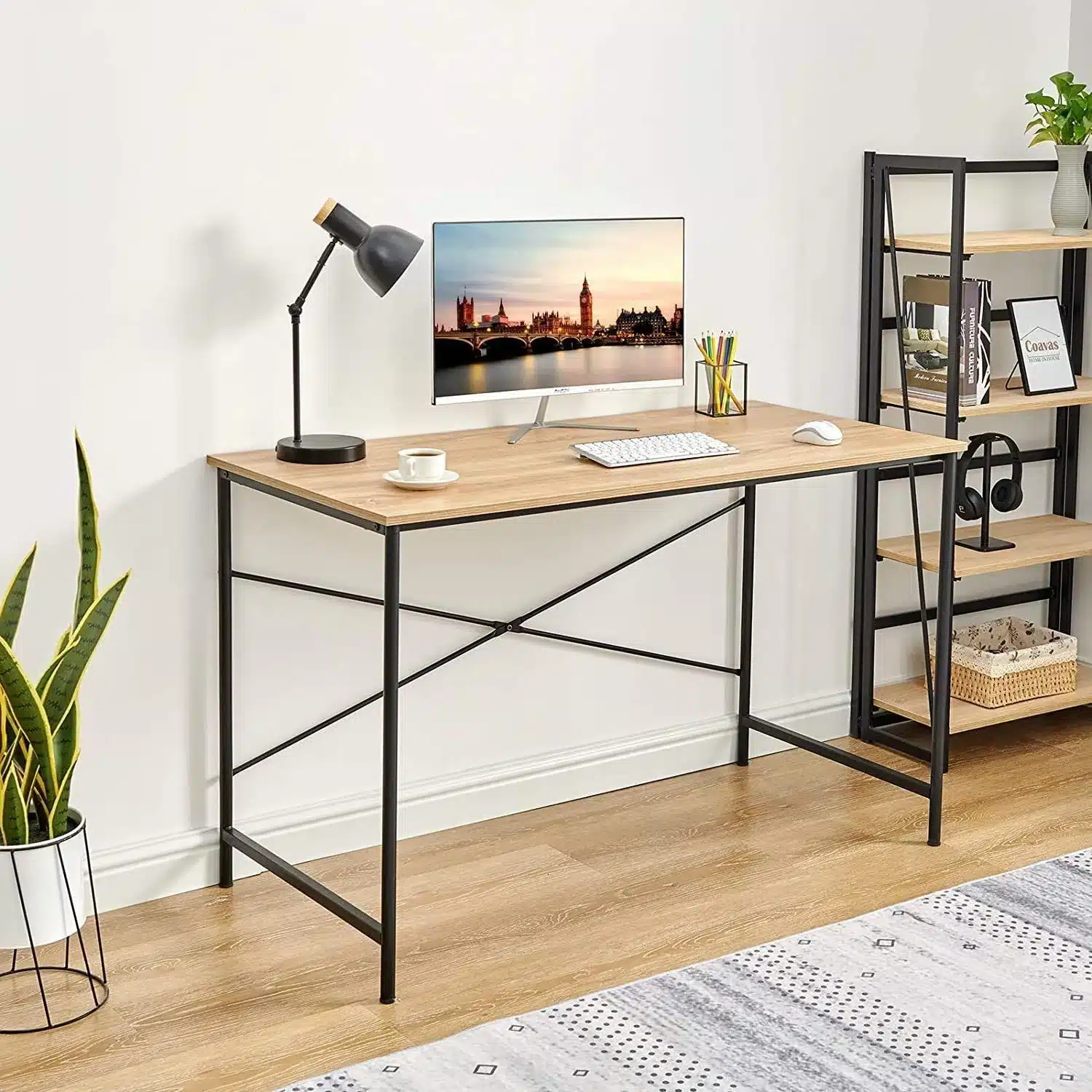 HMS 47" Natural and Black Solid Wood Metal Computer Desk Simple Design Office Desk for Bedroom or Dining Features with Shelf