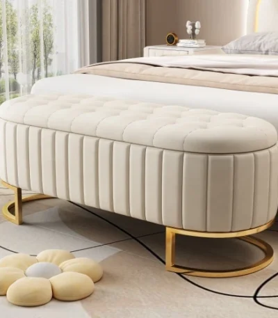 Goldoma velvet storage ottoman with button tufted design and sturdy metal legs in living room