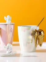 Creative Pearlescent Colored Ceramic Mug with Angel Wings, Coffee Cup with Lids, Cute Flower Tea Tazas Afternoon