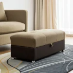 Goldoma 54-inch camel storage ottoman with chenille upholstery and faux leather accents in a living room