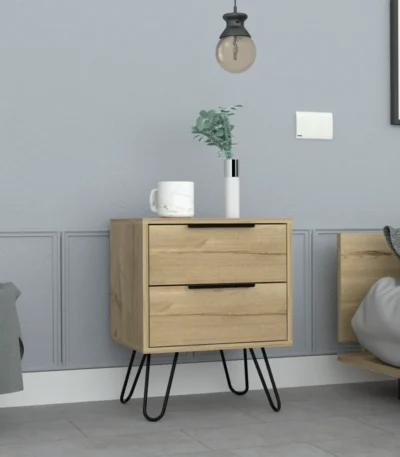 Minimalist two-drawer nightstand in light oak with black hairpin legs, perfect for bedroom storage