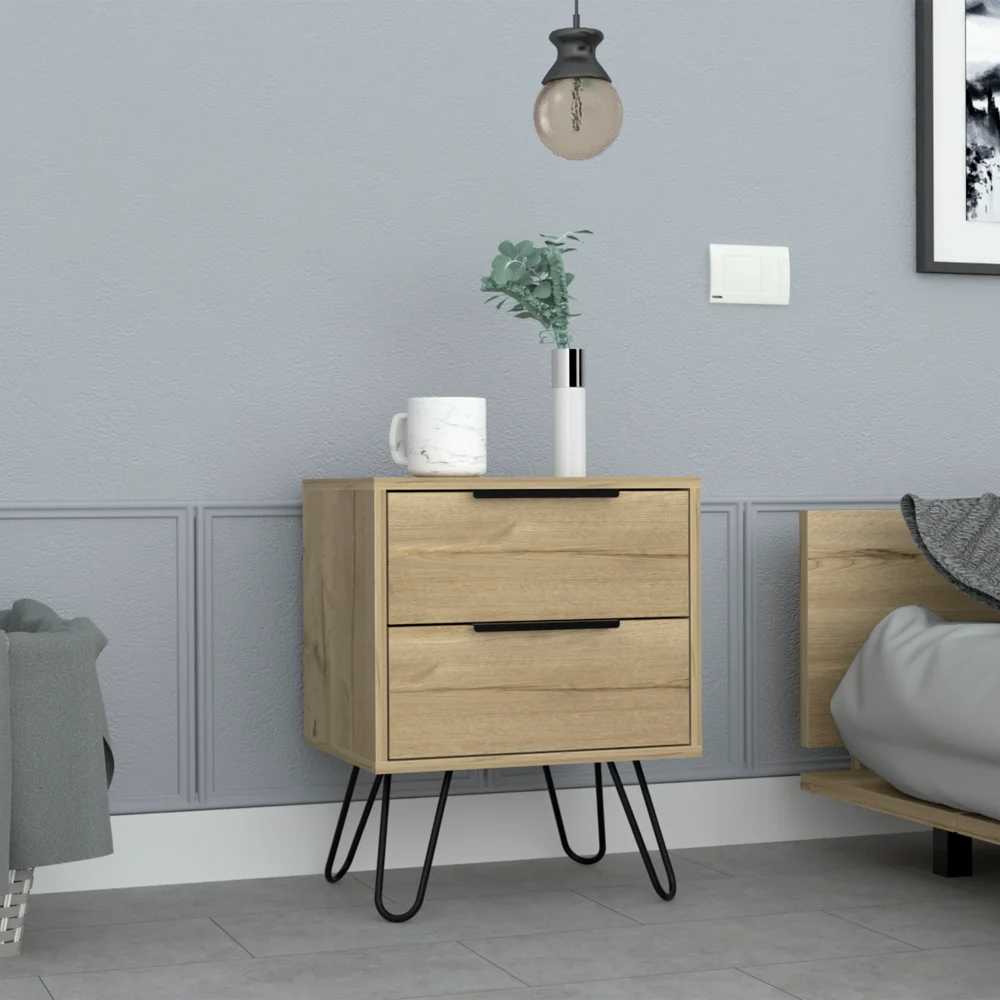 H9701aad1e14f467a86aad1d08db1bd3bg.webp Minimalist two-drawer nightstand in light oak with black hairpin legs, perfect for bedroom storage