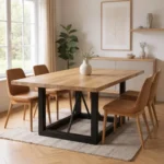 60 inch solid wood dining table with natural acacia top and black iron base, rustic style
