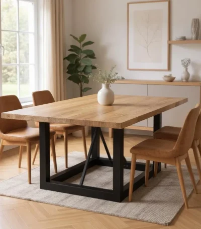 60 inch solid wood dining table with natural acacia top and black iron base, rustic style