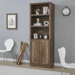 Rustic Brown FCJ 1-Door Bookshelf with USB Port 3-Open Bookshelves for Home Office or Hotel Use