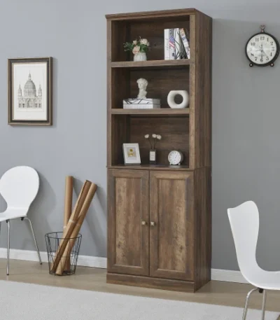 Rustic Brown FCJ 1-Door Bookshelf with USB Port 3-Open Bookshelves for Home Office or Hotel Use