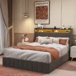 Queen bed frame with LED lighting from Goldoma featuring wings headboard, storage drawers, and linen upholstery