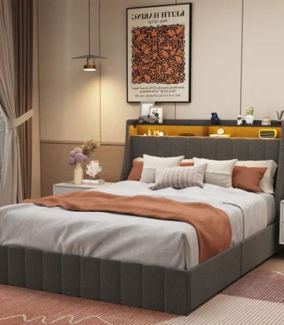 Queen bed frame with LED lighting from Goldoma featuring wings headboard, storage drawers, and linen upholstery