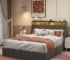 Queen storage bed frame with LED lighting and four drawers in a modern bedroom