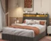 Queen storage bed frame with LED lighting and four drawers in a modern bedroom