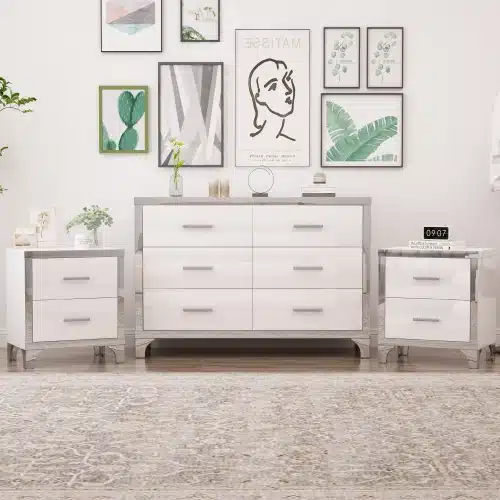 Elegant 3-Piece Dresser Set with Two Nightstands and Metal Handles