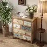 Vintage Wooden Accent Chest with 6 Drawers - Rustic Multicolor Carved Storage Dresser – styled in a modern Living setting